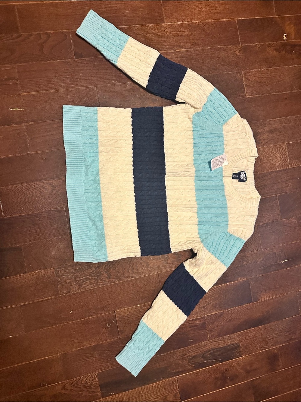 Lands' End Women's Cable Knit Crewneck Sweater - Light Blue/Cream/Navy